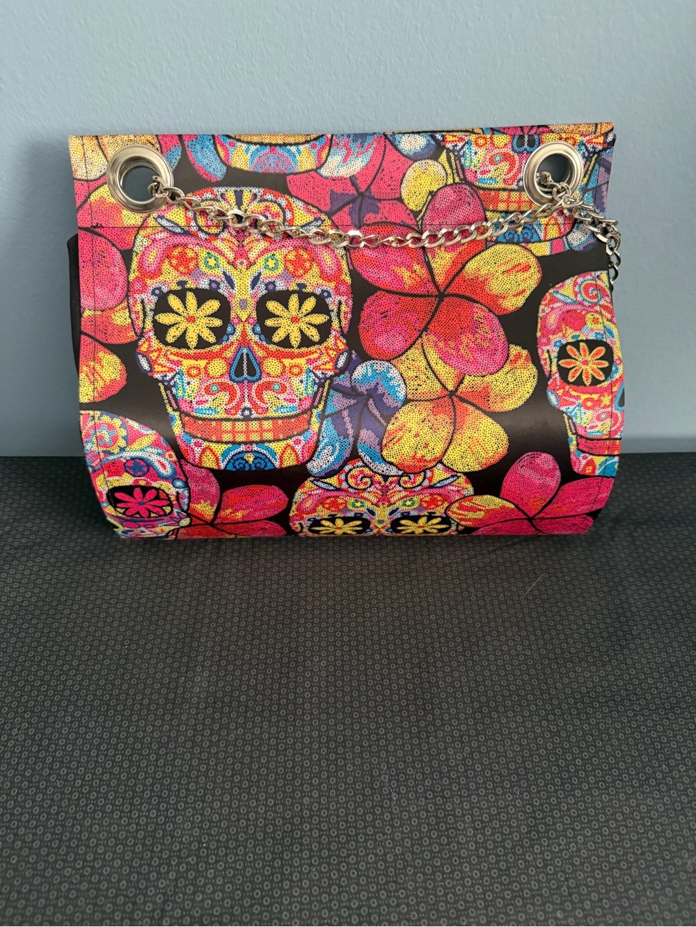 Vibrant TAWI Skull Satin Bag Celebrating “Sugar Skull” Mexican Traditions.